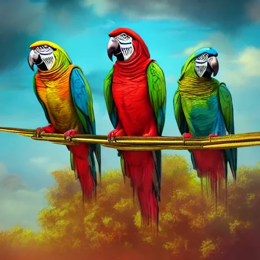 Image similar to parrots dressed in rapper clothes, sitting on golden trees, rap scene, concept art, trending on artstation, highly detailed, digital art, 8 k