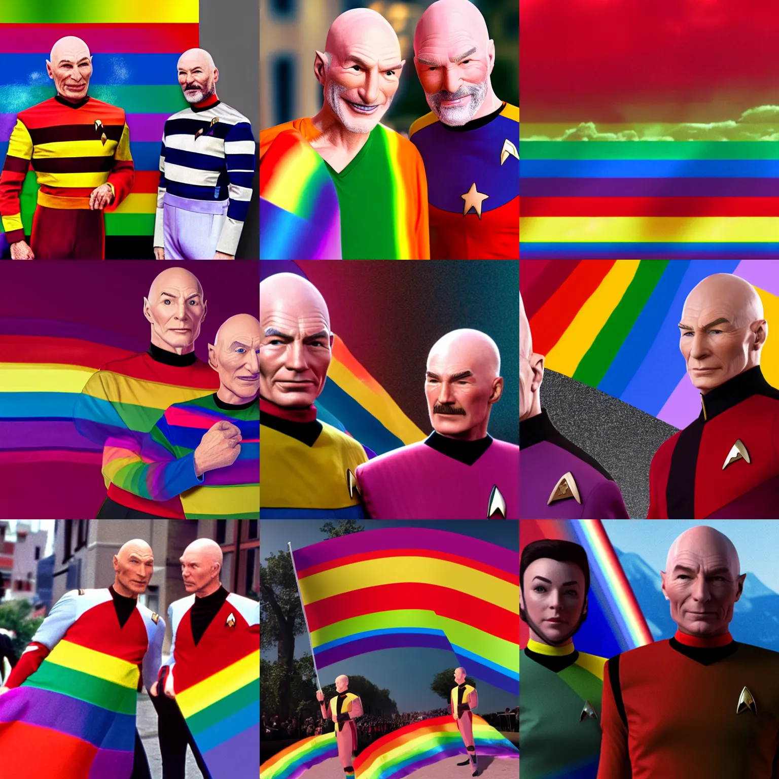 Prompt: super realistic 8k render of Star Trek TNG Captain Picard and Riker in Pride Parade Rainbow Flag Uniforms + dramatic composition