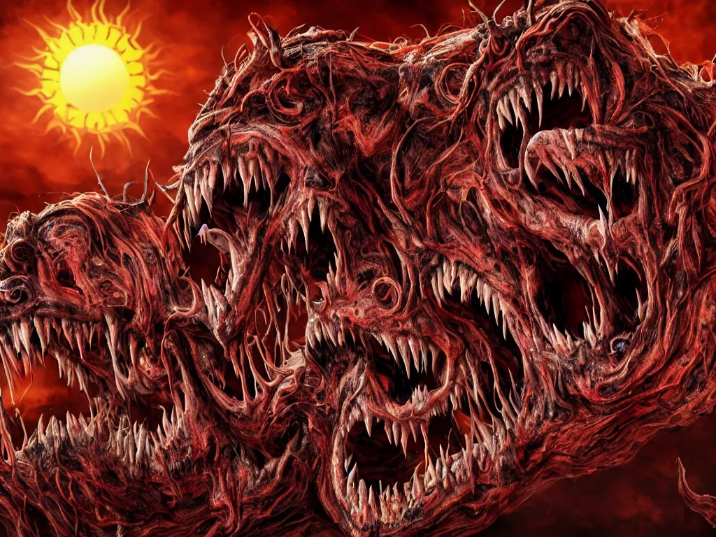 Prompt: twisted demonic creatures screaming, bleeding sun, horror, grotesque, monstrosity, accursed, insanity, nightmare, High Definition detail, 8K