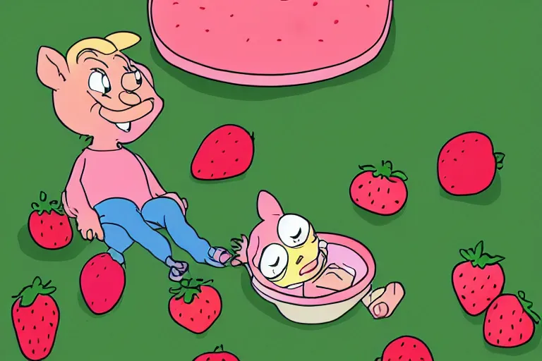 Prompt: the cutest baby sitting in strawberries artstation golden hour trending on Flickr pink and green cartoon looney toons