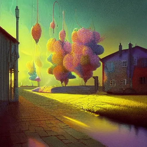 Prompt: beautiful colourful scene. digital artwork by vincent bons, michael whelan, beeple, remedios varo and gerardo dottori. grainy and rough. interesting pastel colour palette. beautiful light. oil and water colour based on high quality render.