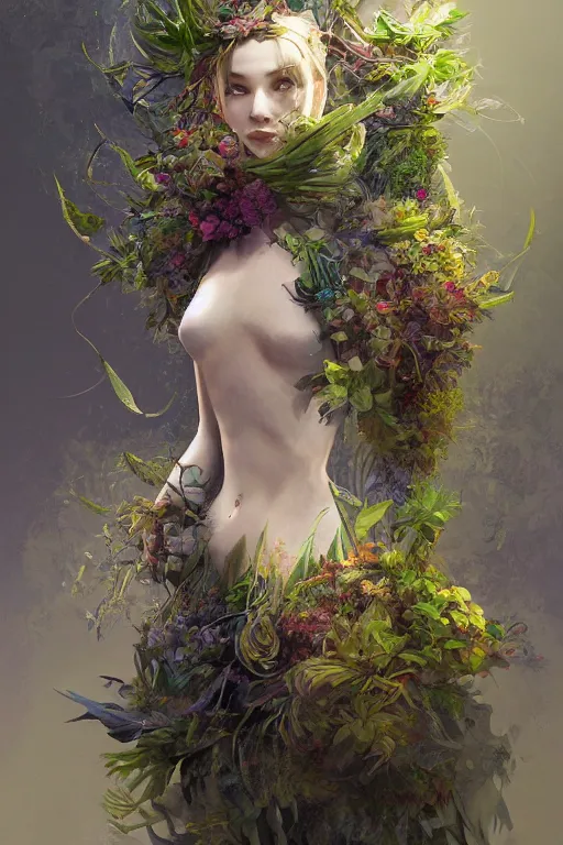 Image similar to detailed 2d illustration, trending on artstation, unique, elegant, beautiful, a woman with clothing made of plants, uses her magic to create new life, by Ruan Jia, 4K