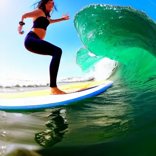 Image similar to gopro photo of a woman wearing heels on a surfboard riding a wave, very detailed, accurate face, 8 k