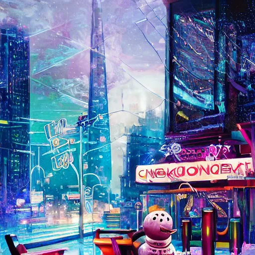 Image similar to beautiful hyperdetailed digital painting of a snowman sitting on a bench outside a futuristic neon cyberpunk ice cream store, cyberpunk city in background, night time, stunning lighting, dreamy, global illumination, octane render, trending on artstation, unreal engine 5, 4 k