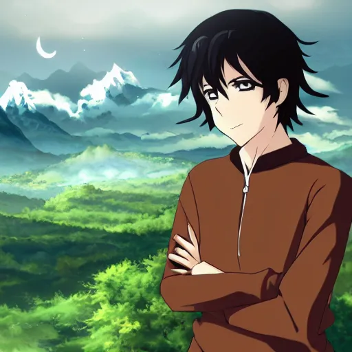 Prompt: young adult, male, medium length black hair, brown eyes, pale skin, standing on a mountain, nightime, anime style