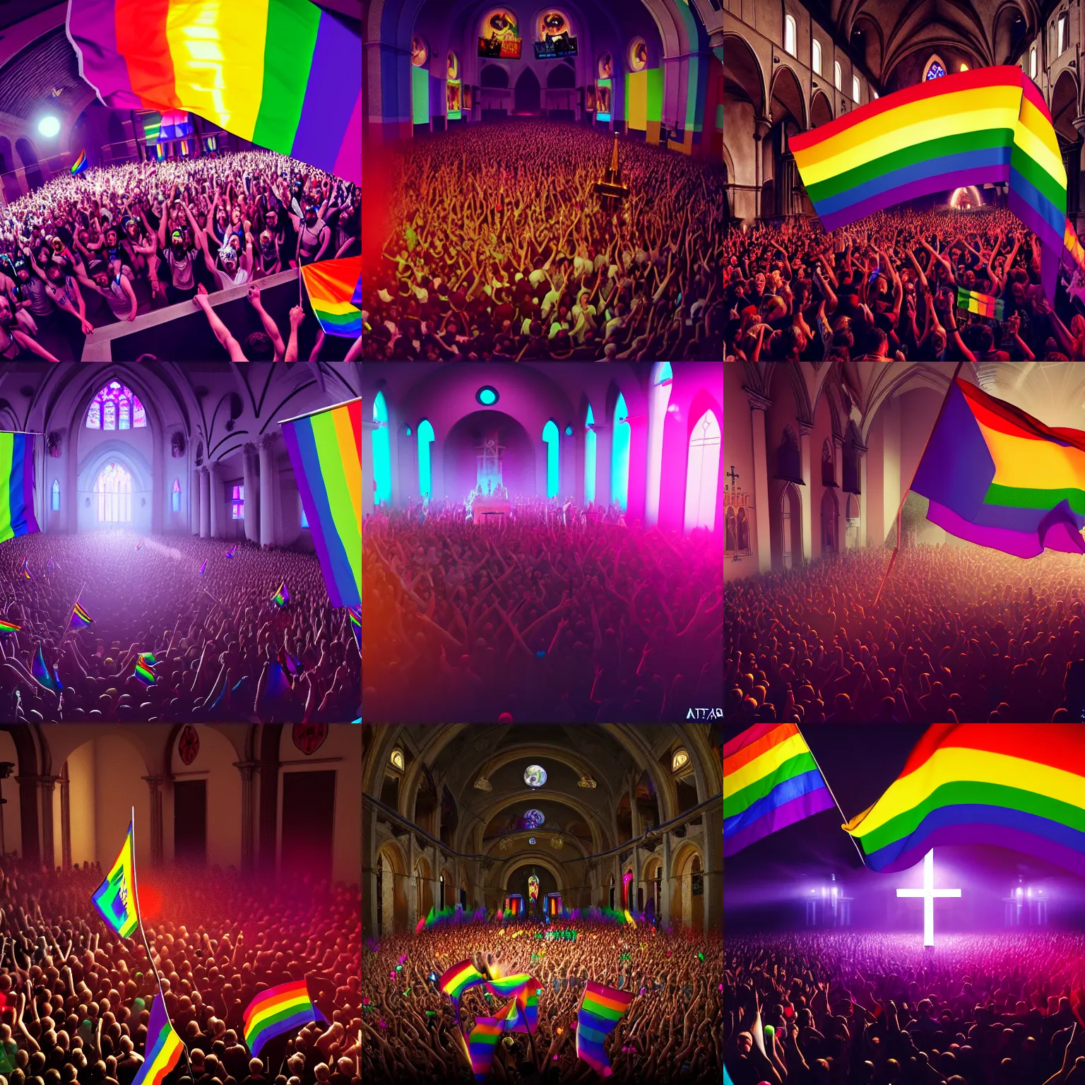 Prompt: LGBTQ group taking over the church for a wild rave party, Pope submissively surrenders, photography, highly detailed, HD, sharp focus, smooth, octane render, 4k, artstation, dynamic lighting