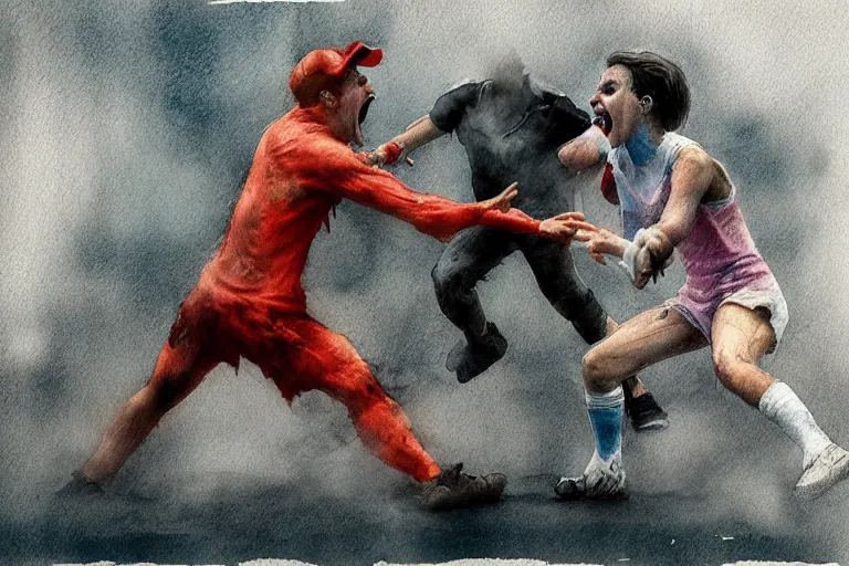 Image similar to screaming match, film photography watercolored misty artstation 8k