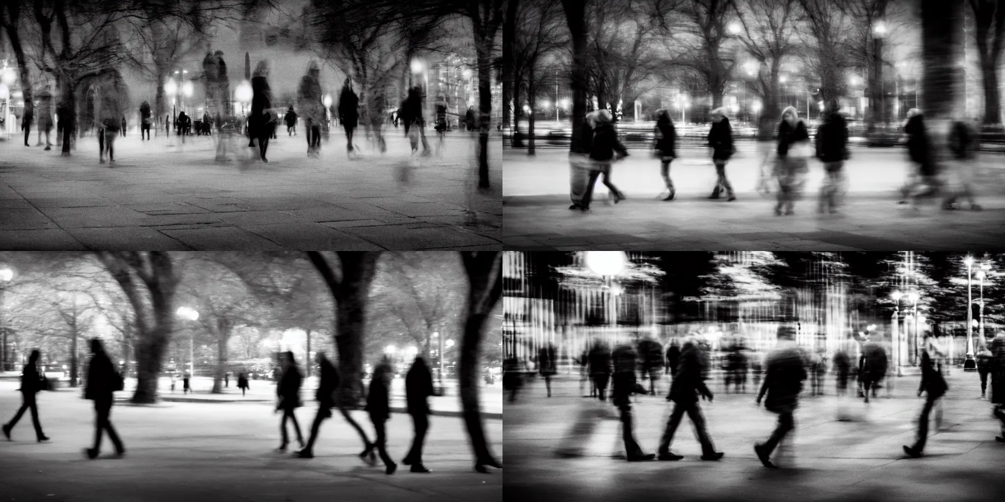 Prompt: multiple ghostly people walking in the city by frank machalowski. blurred people. city park. street photography. black and white. ilford delta. long exposure, extreme motion blur on people.