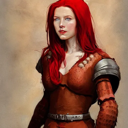 Prompt: portrait of a beautiful young woman with red hair and freckles, slight smile, renaissance colorful dress, leather armor, digital painting by Michael Whelan and craig mullins, d&d illustration, trending on Artstation, sfw