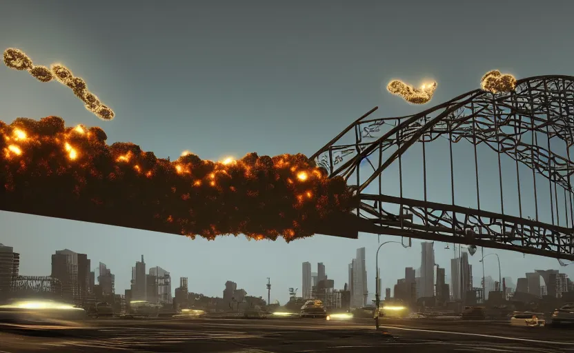 Prompt: huge explosions in the form of cotton plants destroy big harbour bridge, perspective, 3 d octane render, epic lighting, 8 k, by goro fujita