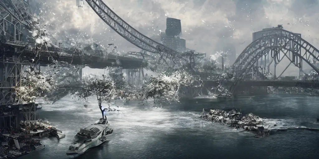 Image similar to explosions in the form of realistic white cotton plants on harbour bridge, huge white cotton everywhere on the destroyed harbour bridge, smooth, sharp focus, highly detailed, 3 d octane render, epic lighting, crazy atmosphere, lots of white cotton, 8 k, by goro fujita