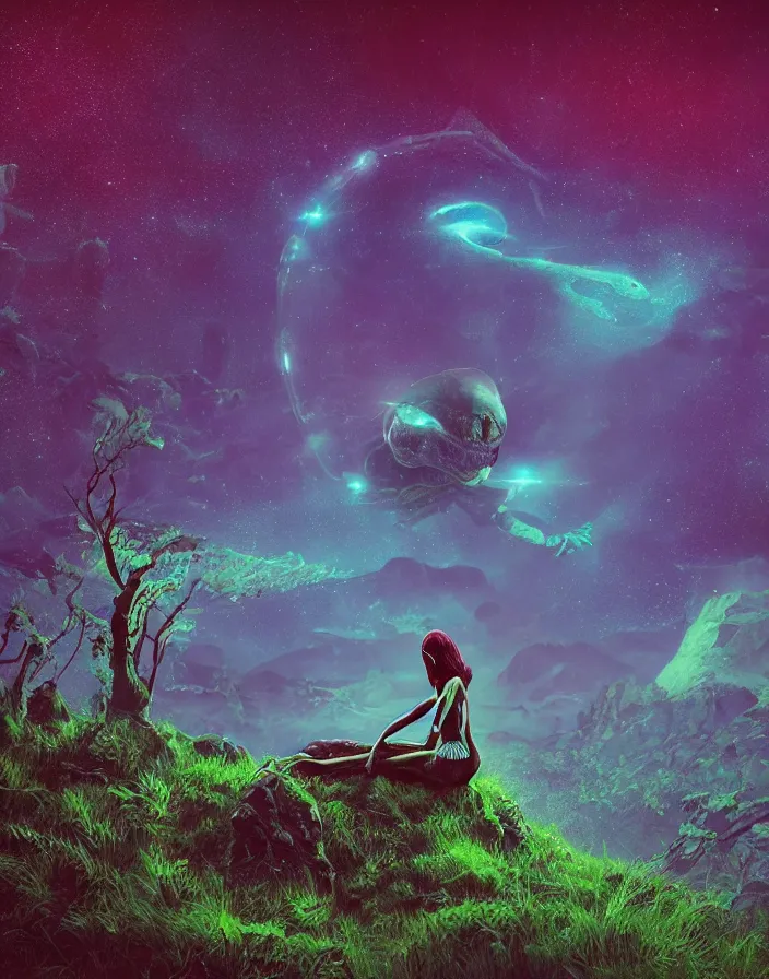 Prompt: Alien contemplating with long limbs sitting at the edge of a celestial forest on another planet, in the style of 1970s sci fi art, vibrant colors, cinematic, high detail, 8k