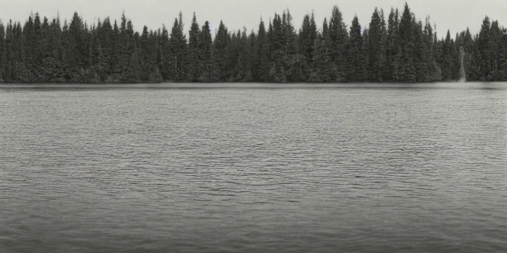 Image similar to centered photograph of a infinitely long rope zig zagging snaking across the surface of the water into the distance, floating submerged rope stretching out towards the center of the lake, a dark lake on a cloudy day, color film, trees in the background, hyper - detailed photo, anamorphic lens