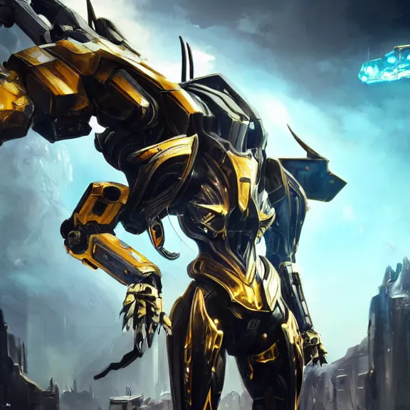 Image similar to cinematic shot, 35 foot tall detailed beautiful handsome quadrupedal robot mecha dragon, sharp edged black armor, gold accents, sleek blue visor for eyes, four legs, walking in busy neon city streets, sharp claws, epic shot, highly detailed art, sci fi, furry, 3D realistic, warframe fanart, destiny fanart, furry art, dragon art, feral art, macro art, furaffinity, DeviantArt, sofurry