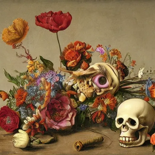 Prompt: two skeletons next to each other, flowers for eyes, lots of flowers, butterflies and worms, day of the dead, Dutch masters, still life, classic art