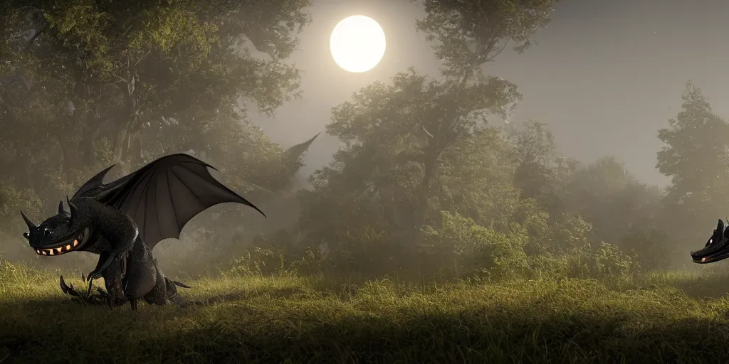 Image similar to photorealistic full shot of toothless at moonlight, high detail, unreal engine 4k volumetric light, fog,
