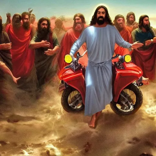 Prompt: Super cool and dramatic image of Jesus riding red motorcycles with the rest of the apostles