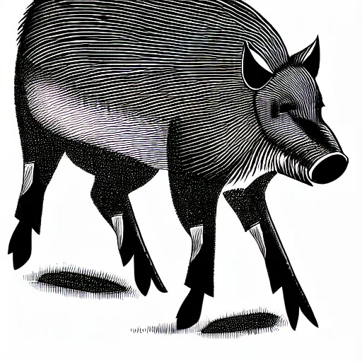 Image similar to book illustration of a wild boar dancing. the boar has shades. book illustration, monochromatic, white background, black and white image