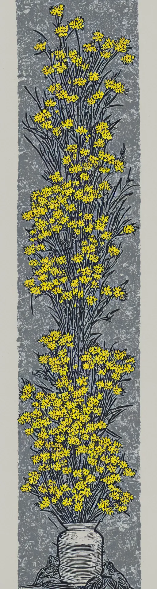 Prompt: a linocut of wattle flowers in a vase