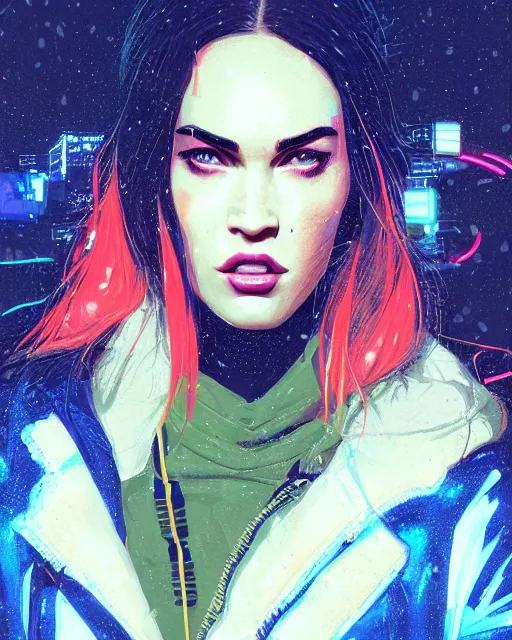 Image similar to detailed portrait Megan Fox Neon Operator Girl, cyberpunk futuristic neon, reflective puffy coat, decorated with traditional Japanese ornaments by Ismail inceoglu dragan bibin hans thoma greg rutkowski Alexandros Pyromallis Nekro Rene Maritte Illustrated, Perfect face, fine details, realistic shaded, fine-face, pretty face