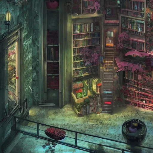 Prompt: secret world of arrietty, neo - noir, urban, matte painting, imagination