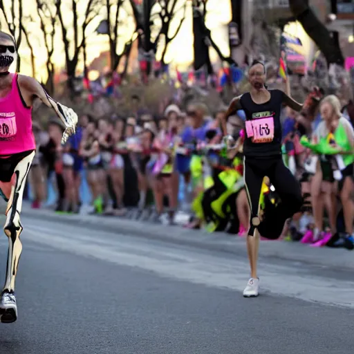 Prompt: A skeleton crossing the finish to win a marathon, award winning photograph, associated press photo, dynamic pose, 8k, award-winning, elite, sharp focus