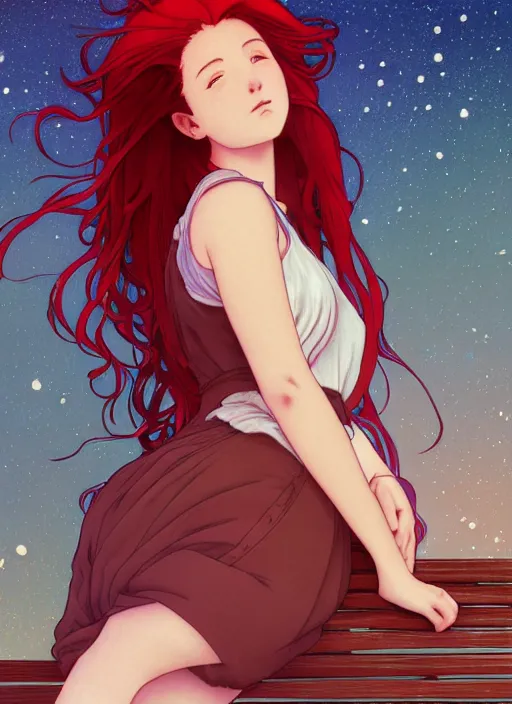 Image similar to pretty young woman with long red hair sitting on a park bench under bright moonlight, path traced, highly detailed, high quality, digital painting, by studio ghibli and alphonse mucha, leesha hannigan, makoto shinkai, disney