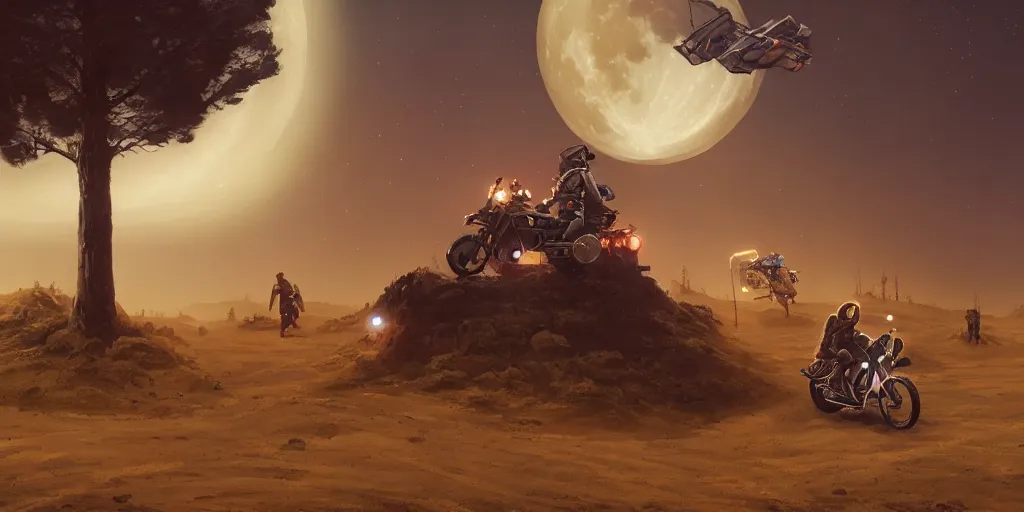 Image similar to american astronaut driving a motorcycle in moon, tribe members chasing, action scene, an epic fantasy, dramatic lighting, cinematic, establishing shot, extremely high detail, photorealistic, cinematic lighting, artstation, octane render, by simon stalenhag, horizon forbidden west