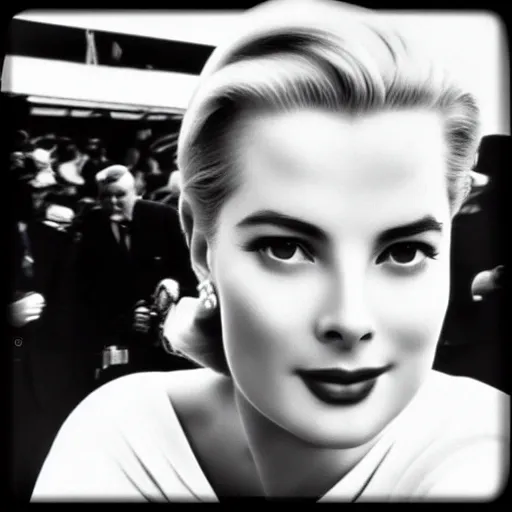 Image similar to selfie smartphone photo of a young Grace Kelly at the Monaco Gran Prix, F1 cars blurred in background, iphone photo, smartphone resolution, trending on instagram, influencer photography