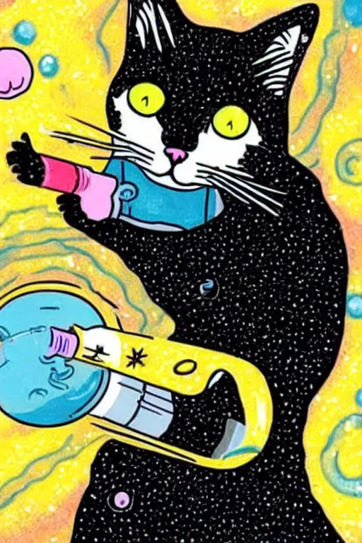 Image similar to A cat in space smoking a maragrita shaped joint