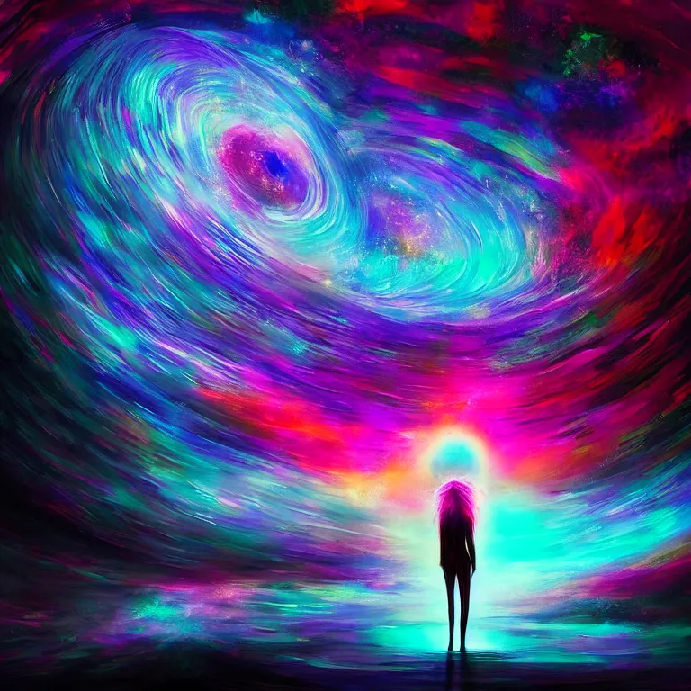 Prompt: person in the distance psychedelic disco that cant escape vortex black hole award winning digital art by anato finnstark