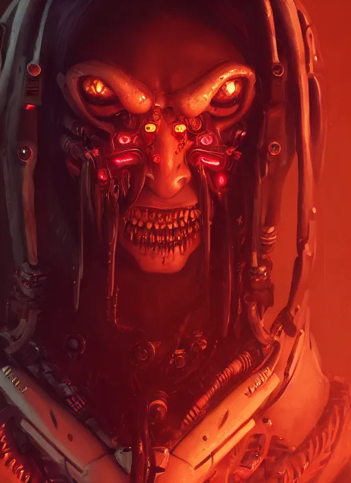 Prompt: cyberpunk portrait of a scary demon from doom, au naturel, hyper detailed, digital art, trending in artstation, cinematic lighting, studio quality, smooth render, unreal engine 5 rendered, octane rendered, art style by klimt and nixeu and ian sprigger and wlop and krenz cushart riot arcane overwatch