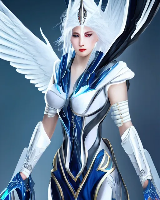 Image similar to perfect white haired attractive egyptian goddess with huge white dove wings, warframe armor, beautiful, symmetric, dreamy, half asian, pretty face, blue eyes, detailed, scifi platform, laboratory, experiment, 4 k, ultra realistic, epic lighting, android body, illuminated, cinematic, masterpiece, art by akihito tsukushi, voidstar