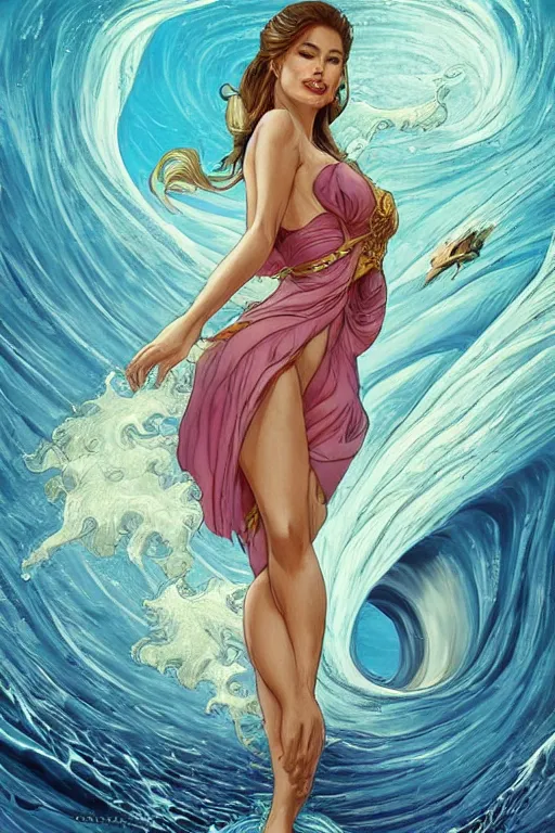 Prompt: Sofía Vergara as a heroine with a dress inspired by the great wave off kanagawa, digital painting, artstation, concept art, smooth, sharp focus, illustration, in-frame, centered, art by artgerm and donato giancola and Joseph Christian Leyendecker, Ross Tran, WLOP