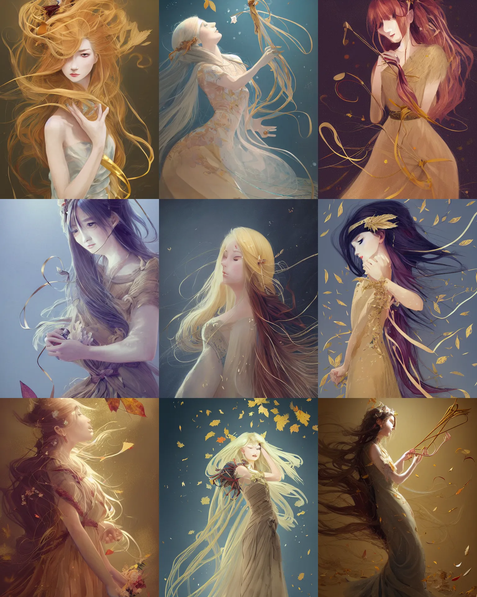 Prompt: museum curator of abstract work with long golden hair and a beautiful dress with ribbons, leaf, winter, musician, silk, high heel, magnificent, medium shot close up, details, abstract cloth, sharp focus, elegant, highly detailed, illustration, by Jordan Grimmer and greg rutkowski and PiNe(パイネ) and 薯子Imoko and 香川悠作 and wlop and maya takamura, intricate, beautiful, Trending artstation, pixiv, digital Art