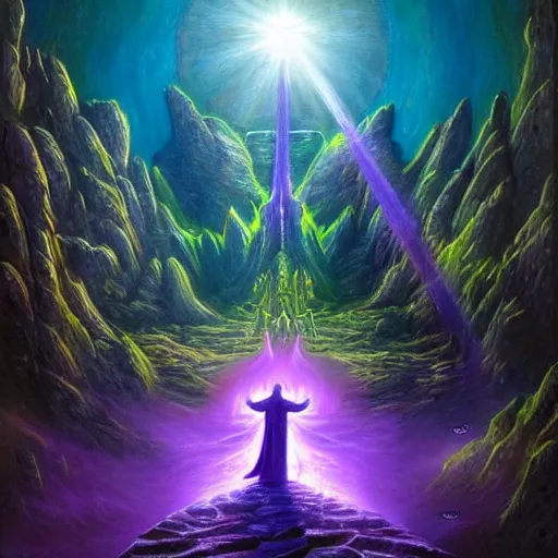 Prompt: Wizard Stepping Through the Glowing Purple Portal to the Holy Mountain Temple, Epic Fantasy Painting, Noita