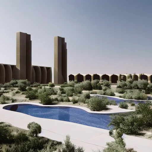 Image similar to architectural rendering of biophilia brutalism building in the desert, pool, garden