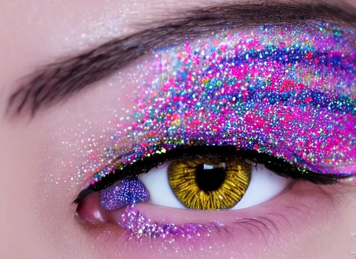 Image similar to high - end cosmetic photography of close up of eyes with sprinkles mascara