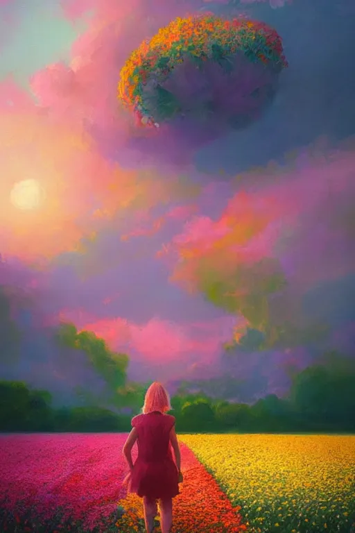 Prompt: giant flower head, girl walking in a flower field, surreal photography, sunrise, dramatic light, impressionist painting, colorful clouds, digital painting, artstation, simon stalenhag