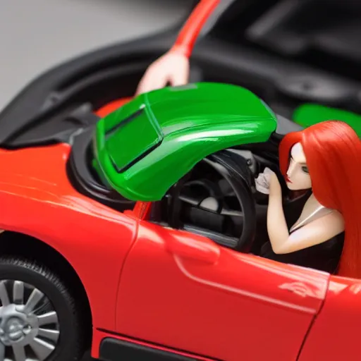 Image similar to a red haired woman driving a Jada toys mitsubishi eclipse green diecast car, the woman is inside the toy car, high resolution macro photo