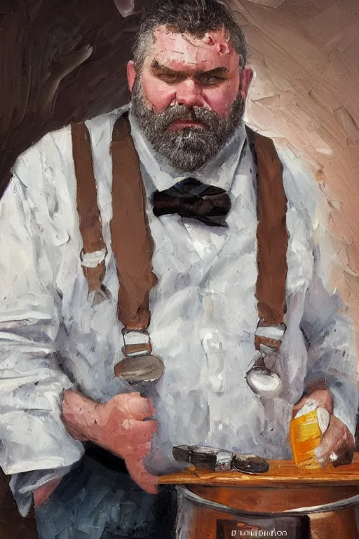 Image similar to palette knife oil painting of professor clay, middle - aged, thickset, barrel chest, voluminous, salt - and - pepper beard. eyes smolder like embers. dress shirt and suspenders, sleeves rolled, tie loosened. extreme detail. artstation trending, artgerm, deviant art, octane, substance, art history 8 k