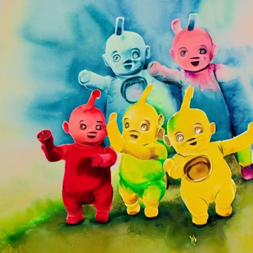 Prompt: water colour painting of teletubbies with machine guns ,