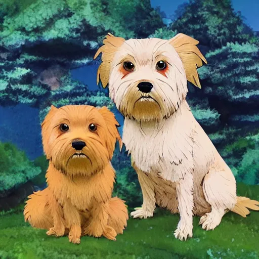 Image similar to A blond Norfolk terrier in the style of Studio Ghibli, very happy, detailed, award winning