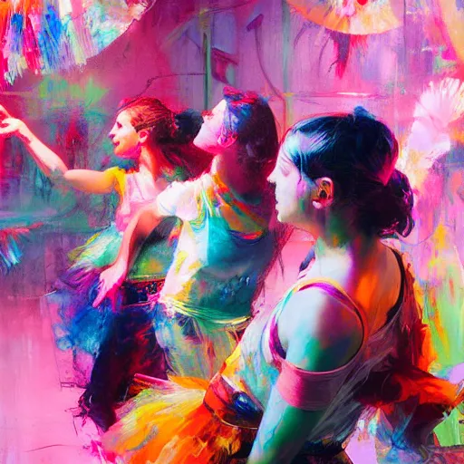 Prompt: portrait of young girls dancing, ecstatic, wonderfull techno party, bright vibrant colors, utopia, by by greg rutkowski, by jeremy mann, by francoise nielly