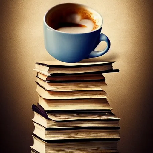 Image similar to Poster of a Cup of coffe on a stack of books, digital art, award winning, trending on artstation, art by artgerm