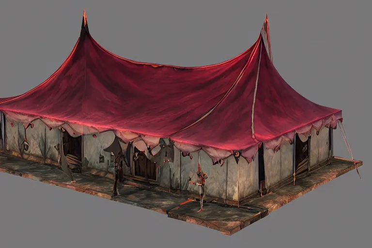 Image similar to 3d sculpt of a huge dark fantasy gothic circus tent, artstaton, League of Legends, red dead redemption2, overwatch, digital illustration