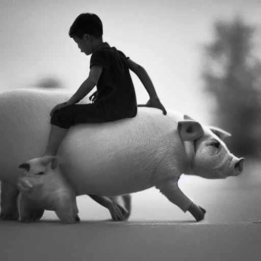 Prompt: illustration of boy riding pig, black and white, cinestill, 800t, 35mm, full-HD