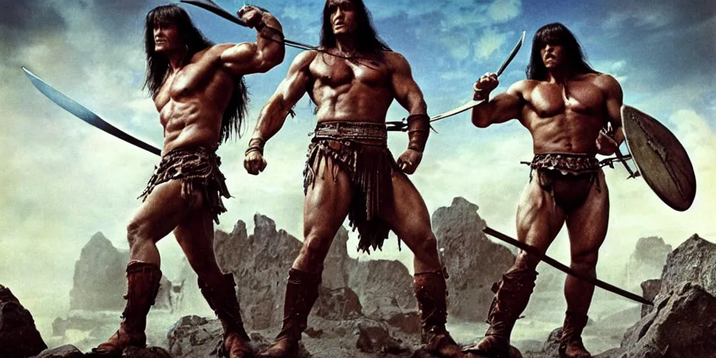 Image similar to hyperrealistic mixed media action scene of Conan the barbarian raising his sword for battle in leather boots and a loincloth, forward angle, stunning 3d render inspired art by Frank Frazetta and Simon Bisley, extremely muscular male hero + perfect facial symmetry + perfect muscle anatomy + perfect bodily proportions + dim volumetric lighting, 8k octane beautifully detailed render, post-processing, extremely hyperdetailed, intricate complexity, epic composition, grim yet sparkling atmosphere, cinematic lighting + masterpiece, trending on artstation