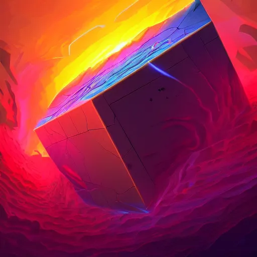 Prompt: eternal cube at the beginning of the universe. Big bang. Digital painting. Beeple. Noah Bradley. Cyril Roland.