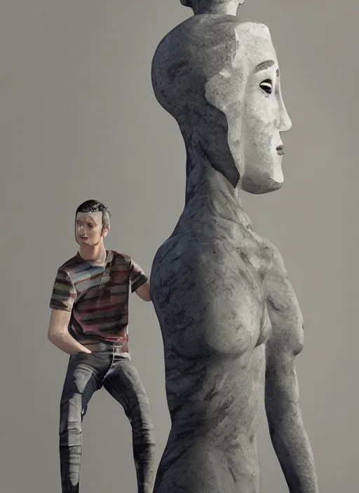 Image similar to a sculpture of a man standing next to a tall vase, a raytraced image by Hikari Shimoda, polycount, video art, vray tracing, ray tracing, rendered in unreal engine